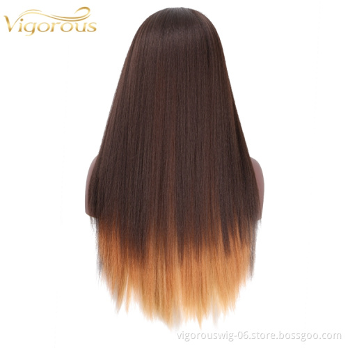 High Quality Straight Long Fake Scalp Coloured Ombre Ginger Fiber Blend Blonde Cheap Lace Front Synthetic Hair Wigs